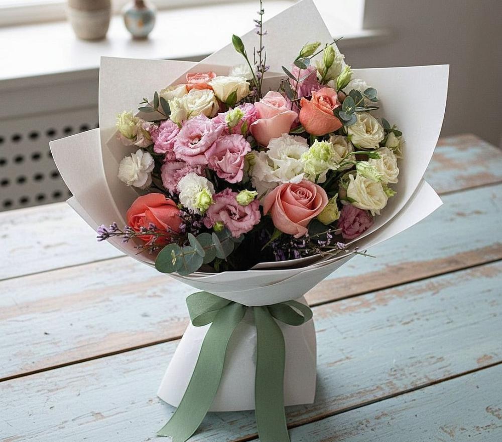 Букет цветов из: Розы, Лизиантусы и Гвоздики в Рубцовске Алтайский Край